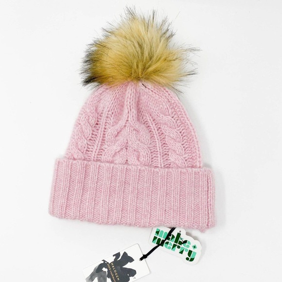 Halogen Accessories - Halogen 100% Cashmere Cable Knit Pink Beanie with Faux Fur Pom OS